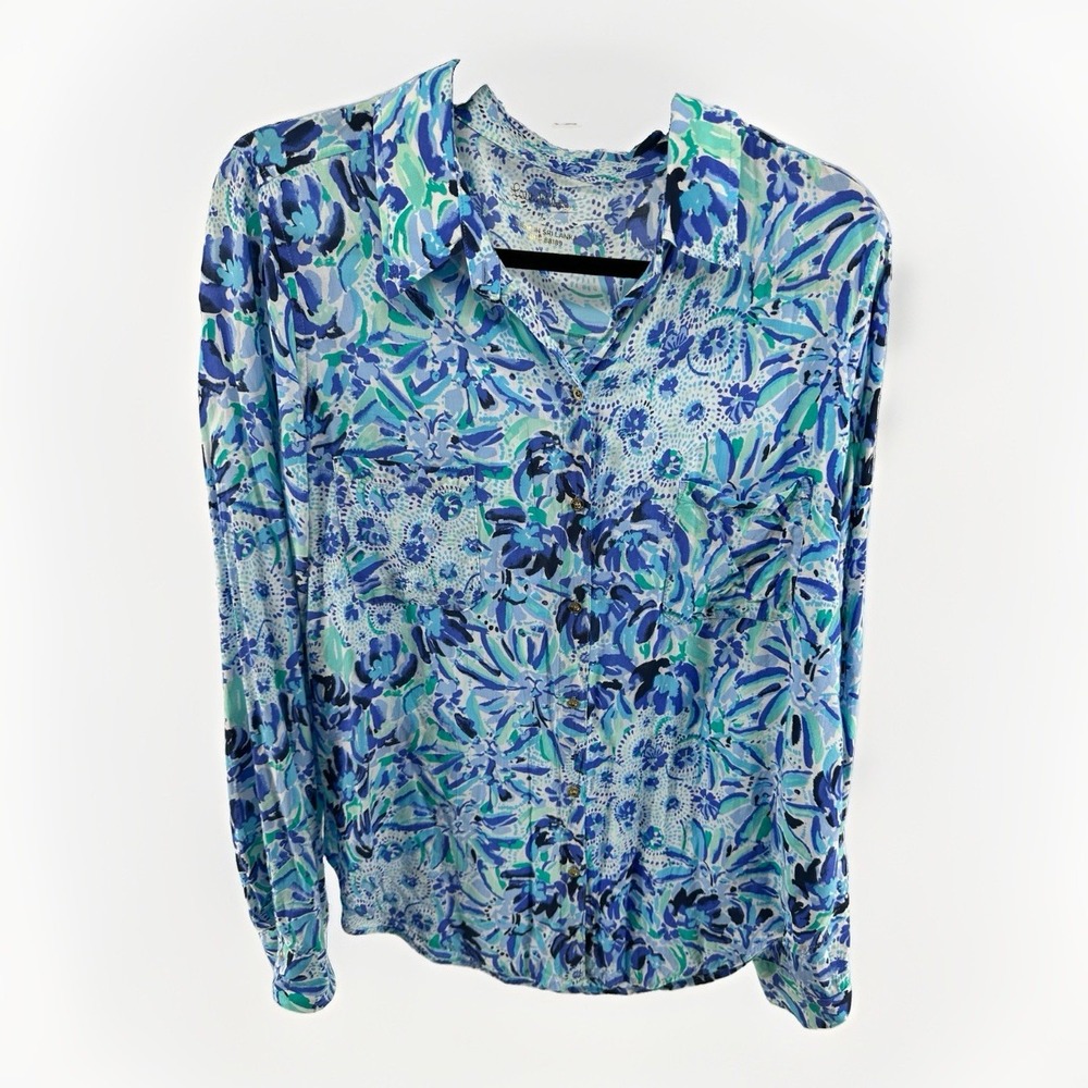 Lilly Pulitzer Sz Large Blue Sea View Shirt Ibiza Cabana Cocktail Rayon Buttons